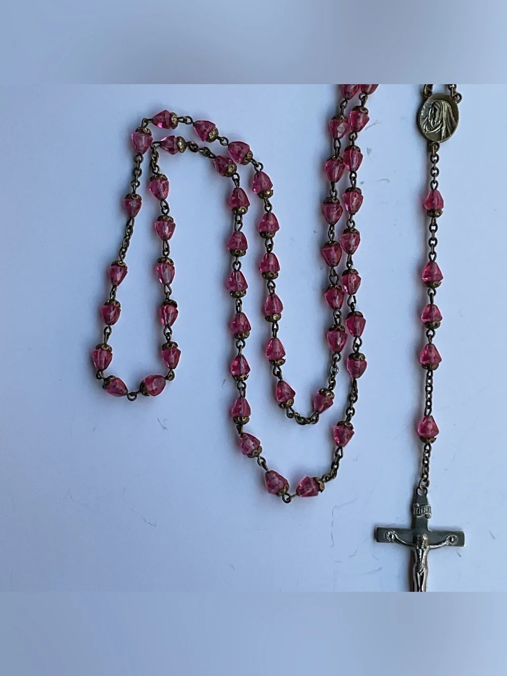 Vintage Pink Cone Shaped Glass Rosary Sorrowful Mother Jesus Carrying Cross